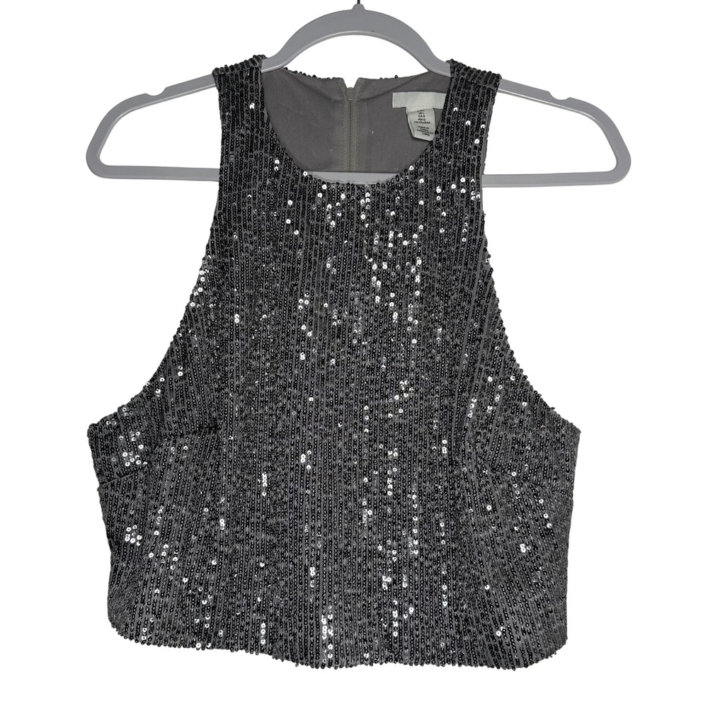 HM Silver Sequin Crop Top High Neck Sleeveless Back Zip Party Tank Large‎